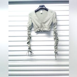 NEW! Belita Gray Ruched Tie Sleeve Wrap Top Size M